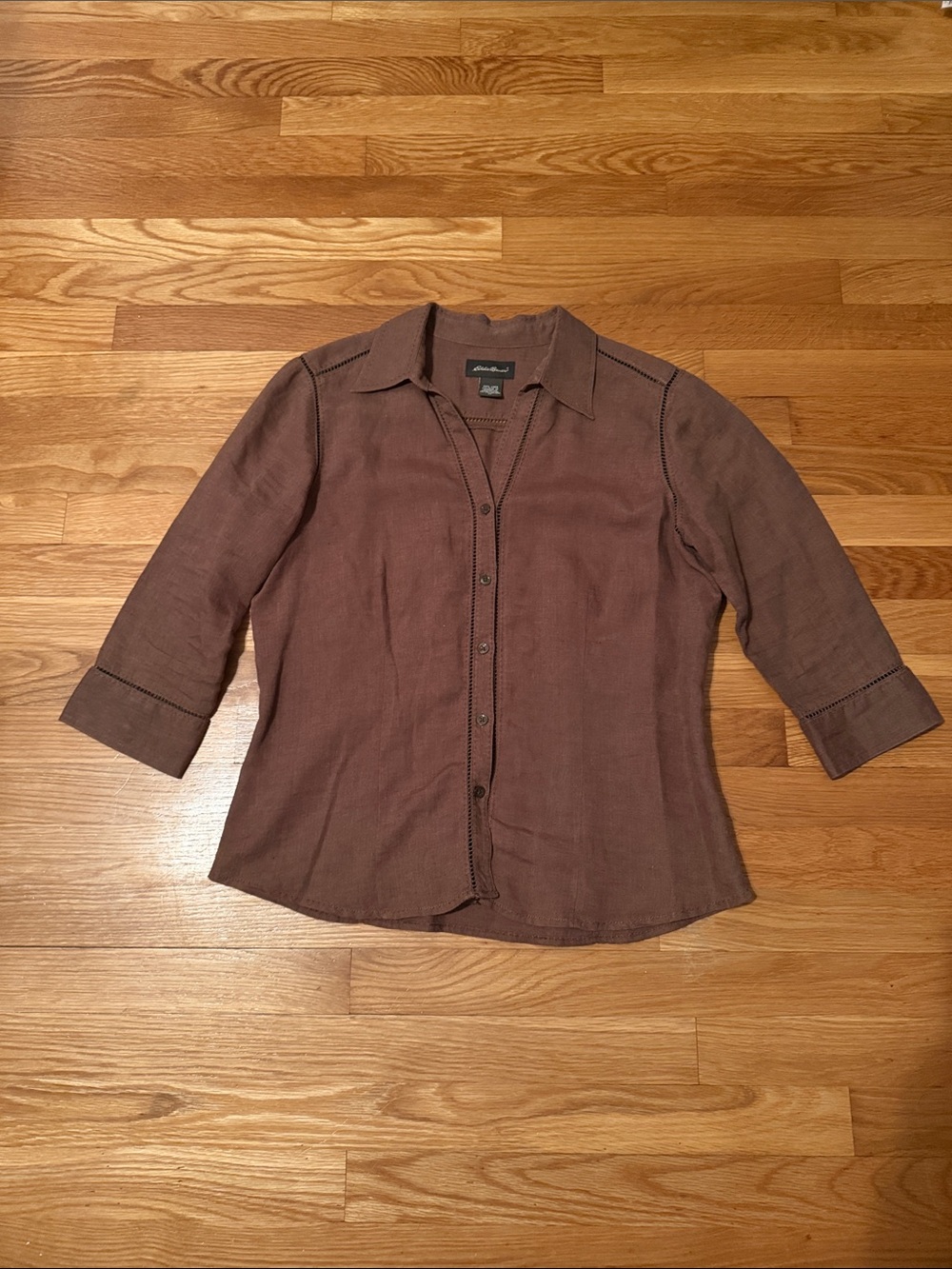 Eddie Bauer Brown Button-Down Shirt 100% linen